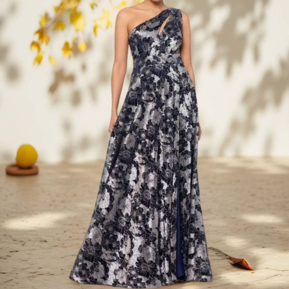 Betsy & Adam Black and White One-Shoulder Gown